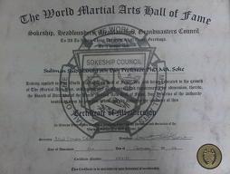 Certificate of Membership to Sokeship Council- The World Martial Arts Hall Of Fame