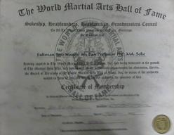 Certificate of Membership to World Martial Arts Hall Of Fame